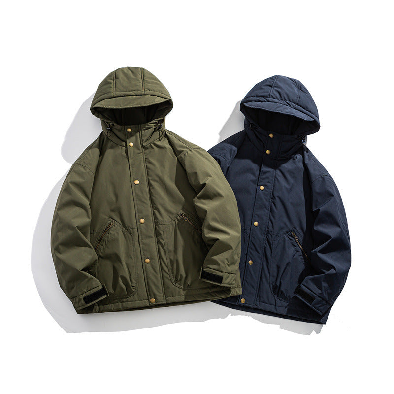 Herren Kurz geschnittener wetterfester Hybrid-Parka mit Kapuze, Druckknopfblende und schrägen Reißverschlusstaschen Drune