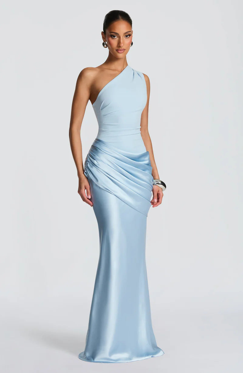 Damen Elegantes One-Shoulder Maxikleid mit fließenden Drapierungen Drune