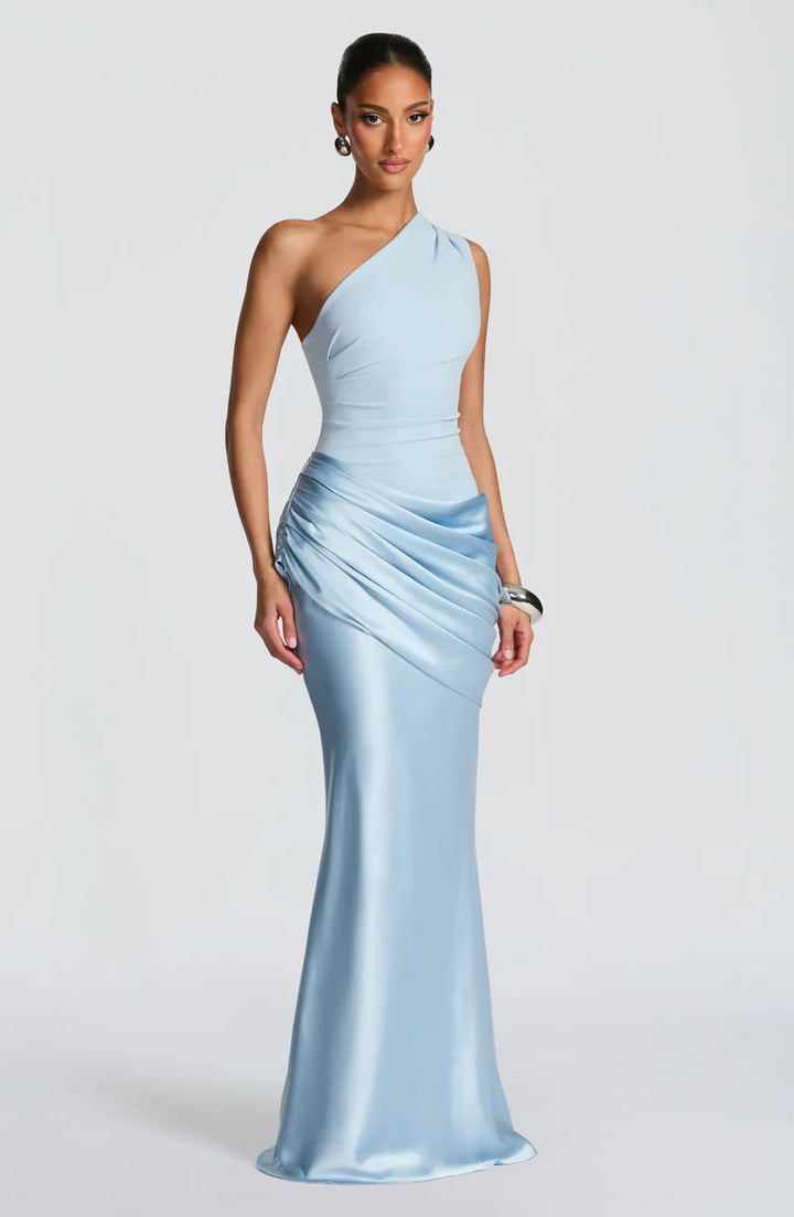 Damen Elegantes One-Shoulder Maxikleid mit fließenden Drapierungen Drune