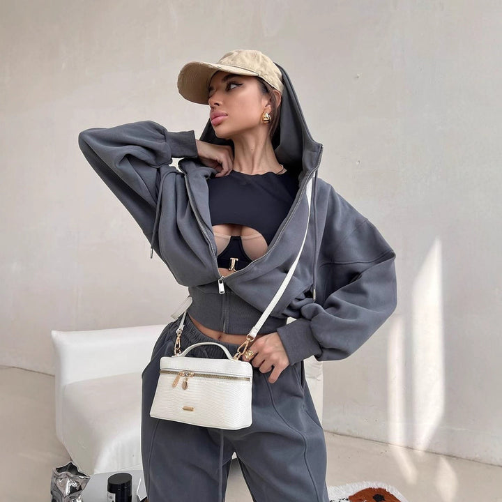 Damen kurzes Kapuzen-Sweatjacke mit Balloonärmeln und elastischer High-Waist Palazzo-Freizeithose Drune