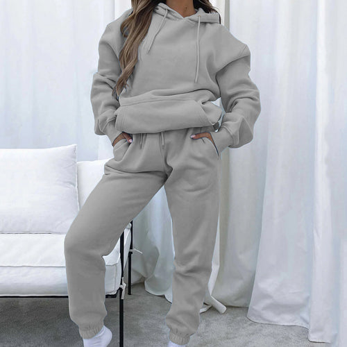 Damen kuscheliges Cropped-Kapuzen-Lounge-Set mit hochgeschnittener Tunnelzug-Jogginghose Drune