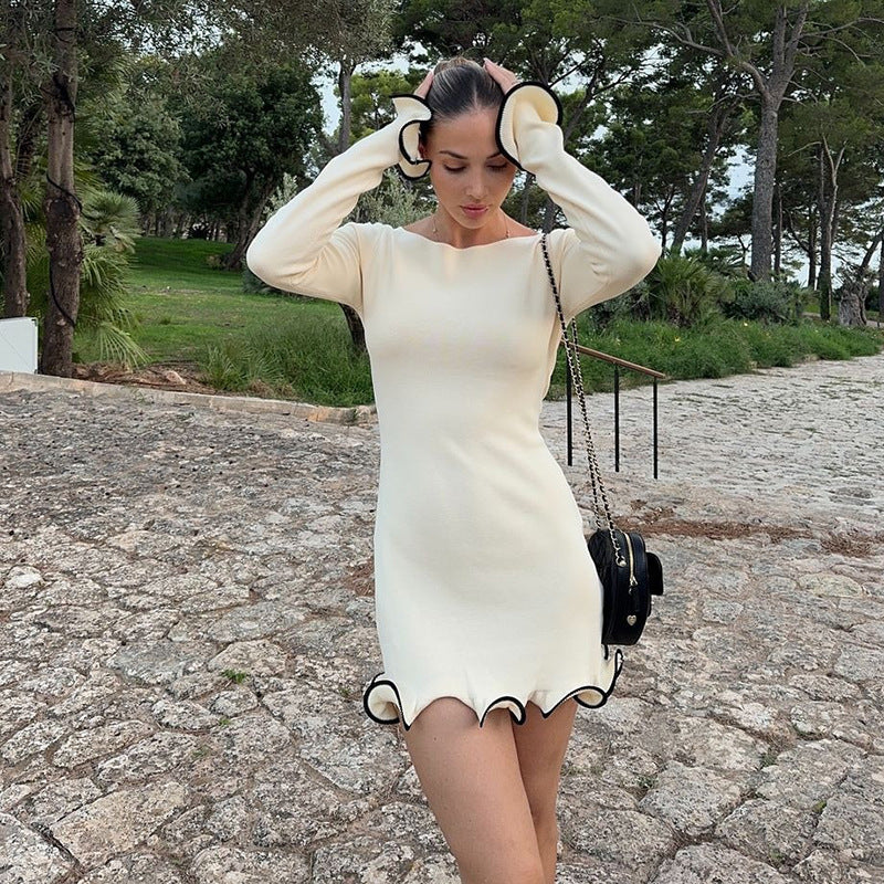 Damen figurbetontes Mini-Kleid mit kreativen Rüschen und langen Ärmeln Drune