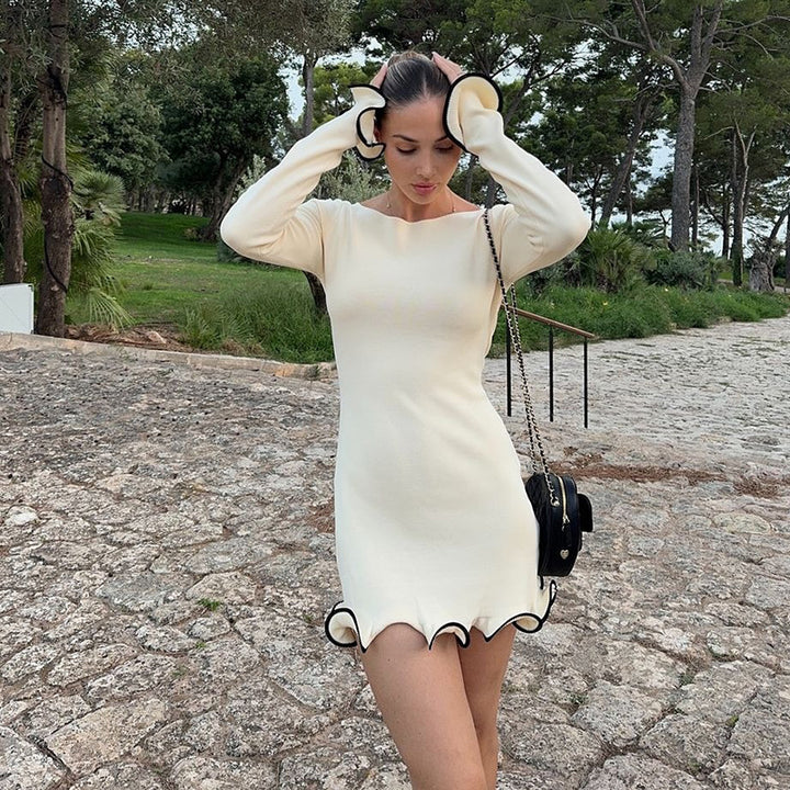 Damen figurbetontes Mini-Kleid mit kreativen Rüschen und langen Ärmeln Drune
