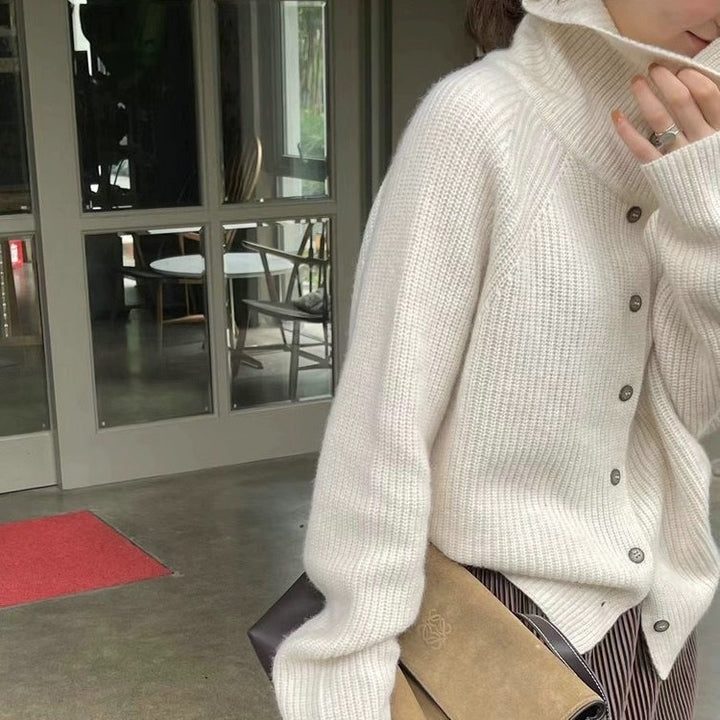 Damen elegante Strickjacke mit hohem Kragen und dekorativen Knöpfen Drune
