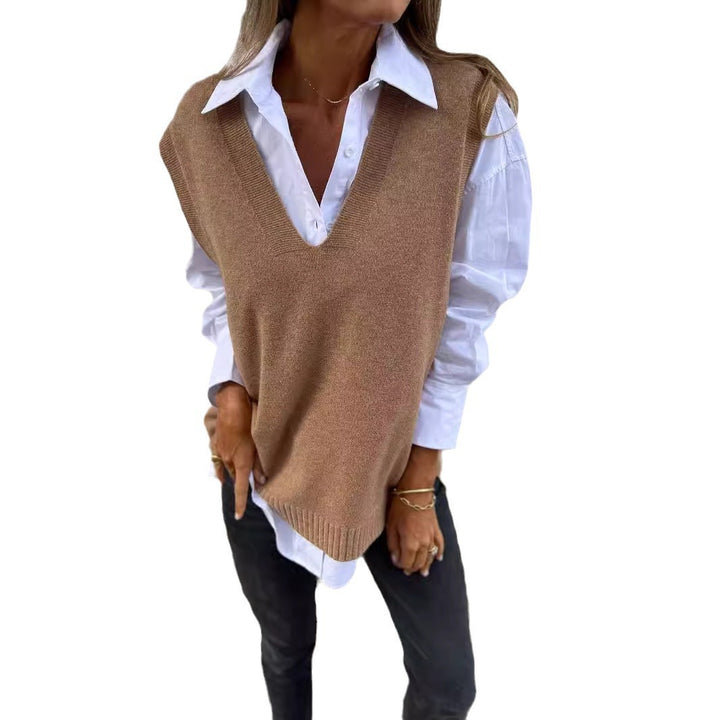 Damen eleganter Strickpullunder mit V-Ausschnitt und feinen Rippdetails Drune