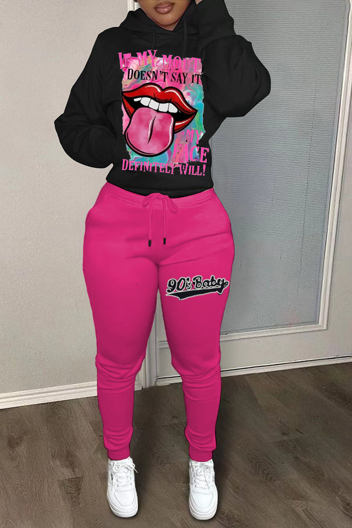 Damen Hoodie und Jogginghose Set mit auffälligem Lippenmotiv und modernem Statementdruck Drune