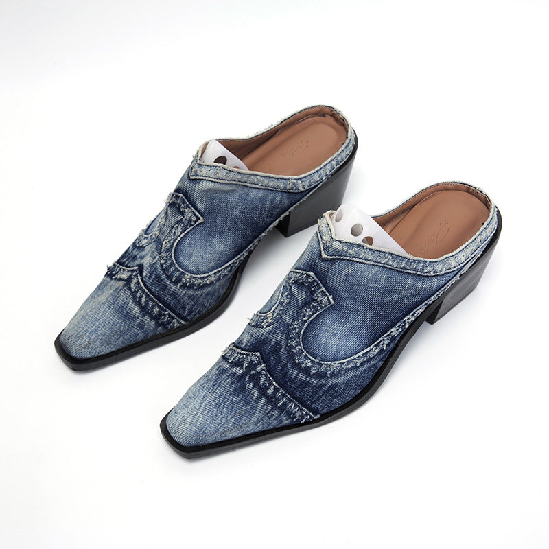 Damen elegante Mules mit modischem Jeans-Design und komfortablem Blockabsatz Drune