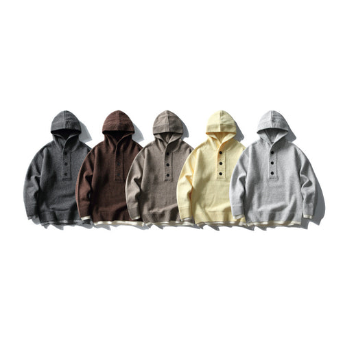 Unisex Strick‑Kapuzenpullover mit halber Knopfleiste, geripptem Saum und zweilagigem Abschluss Drune