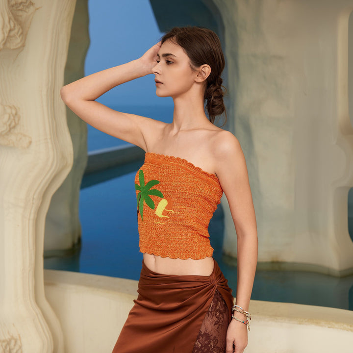 Damen bauchfreies Stricktop mit tropischem Motiv Drune