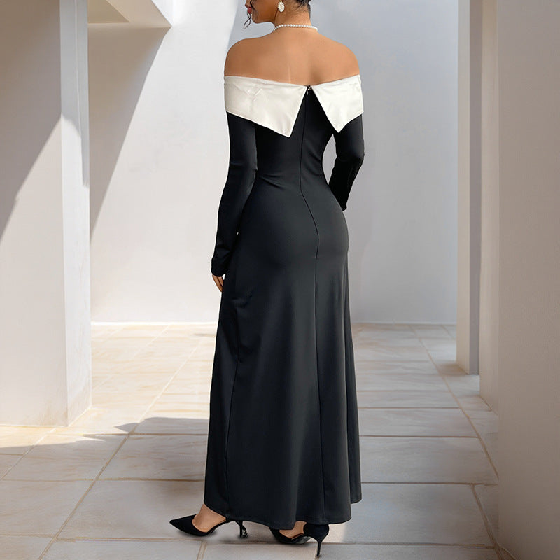Damen Schulterfreies Maxikleid mit langen Ärmeln, hohen Seitenschlitzen und Umschlagkragen Drune