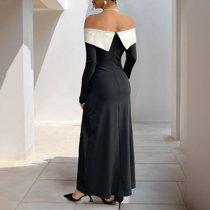 Damen Schulterfreies Maxikleid mit langen Ärmeln, hohen Seitenschlitzen und Umschlagkragen Drune