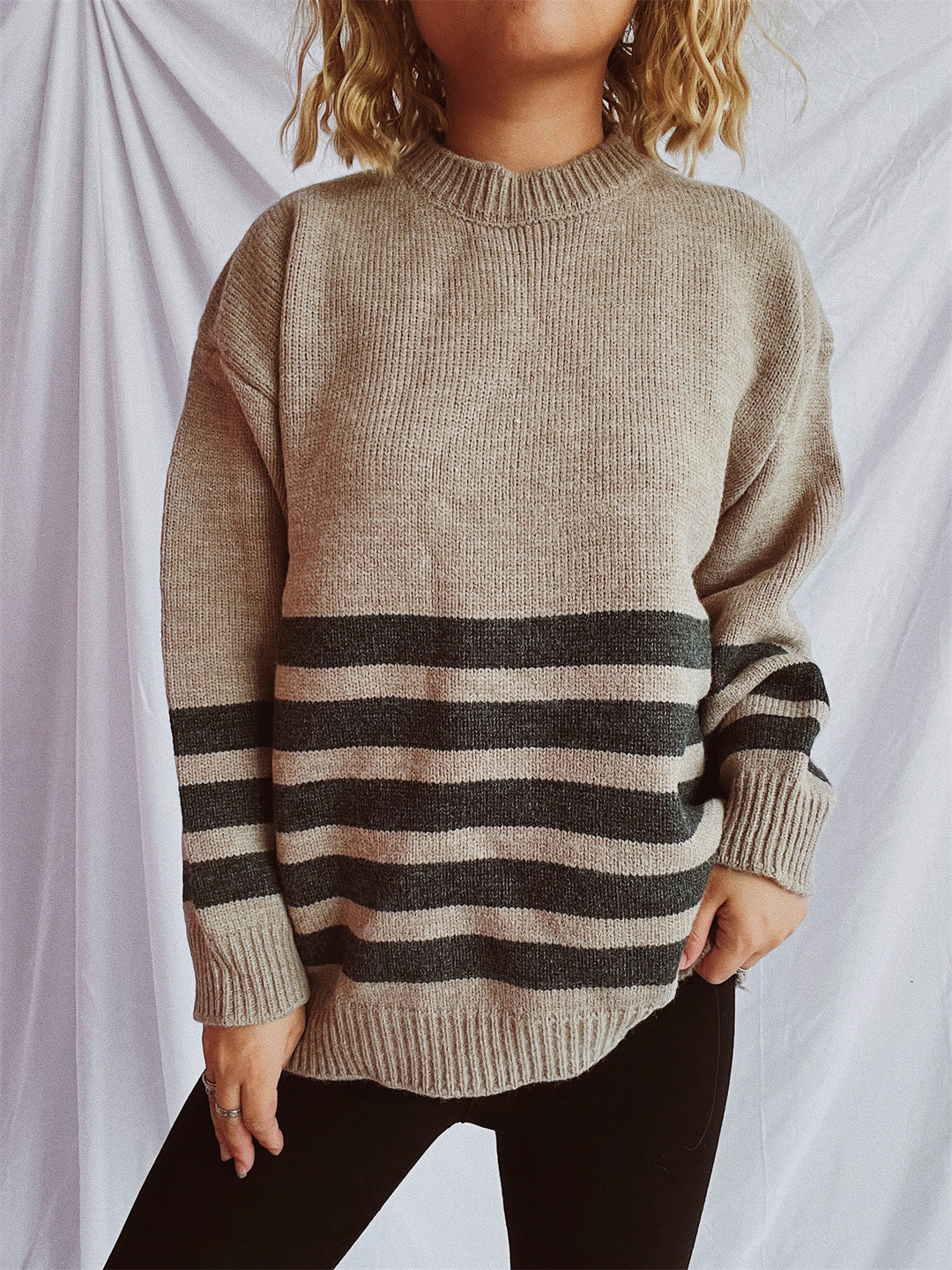 Damen lässiger Oversize-Pullover mit modernem Streifenmuster Drune