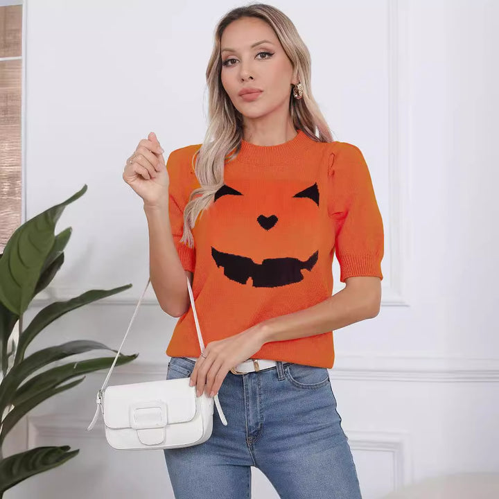 Damen Kurzarm-Pullover mit lässigem Kürbis-Motiv Drune