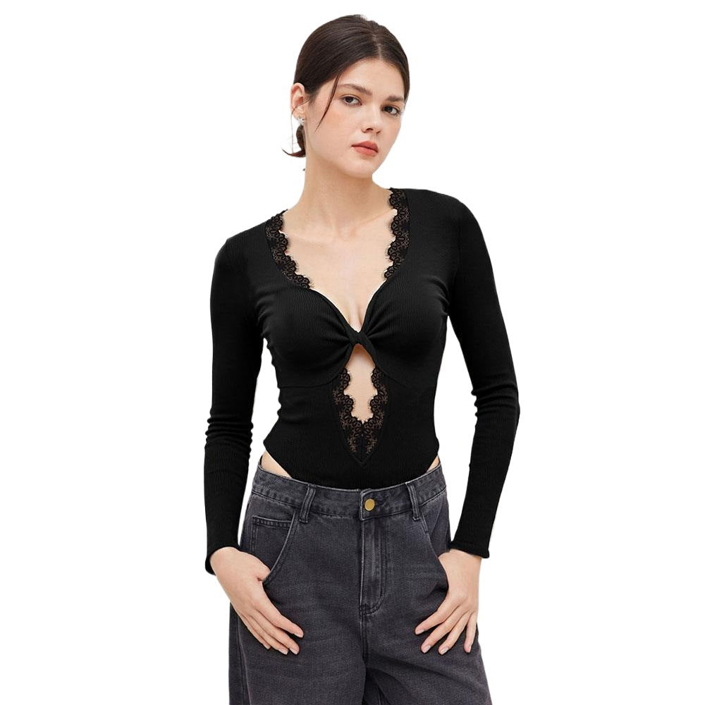 Damen Bodysuit mit tiefem V-Ausschnitt und zarter Spitzenapplikation Drune