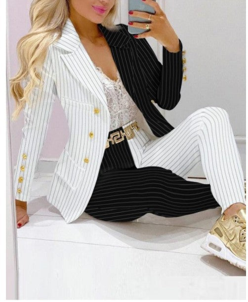 Damen Zweiteiliges Blazer-und-Hose-Set mit Schmetterlingsprint und glamourösem Glitzereffekt Drune
