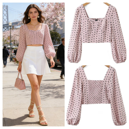 Damen Gepunktetes Bustier-Crop-Top mit Puffärmeln und Quadrat-Ausschnitt Drune