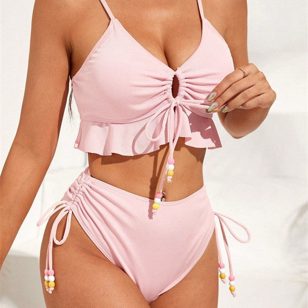 Damen Zweiteiliges Bikiniset mit gerafftem Oberteil und dekorativen Zierbändern Drune