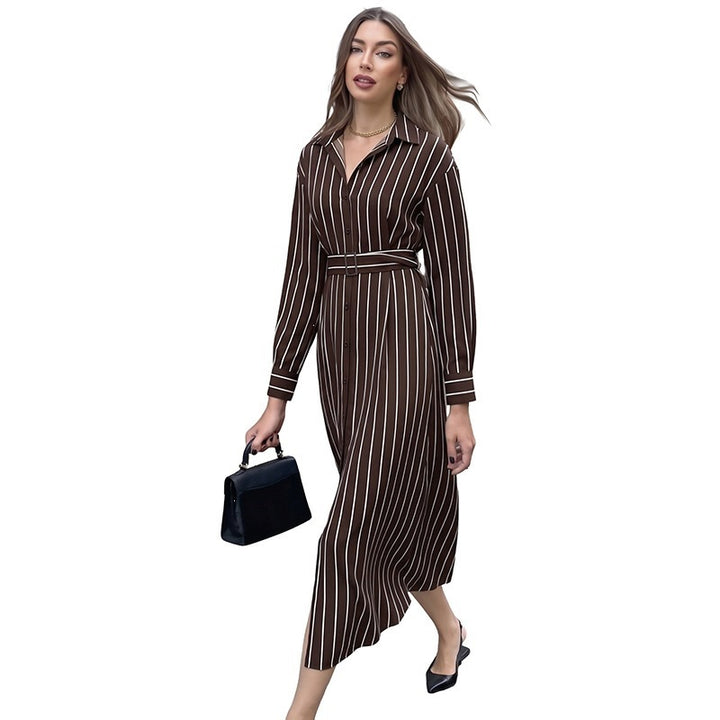 Damen Hemdblusenkleid mit Taillengürtel und vertikalem Nadelstreifen Drune
