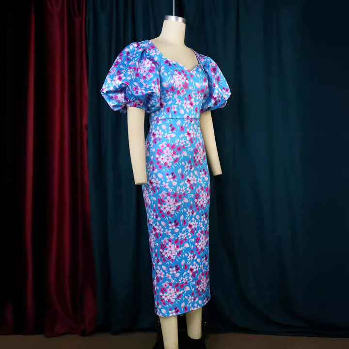 Damen Elegantes Kleid mit voluminösen Puffärmeln und floralem Muster Drune