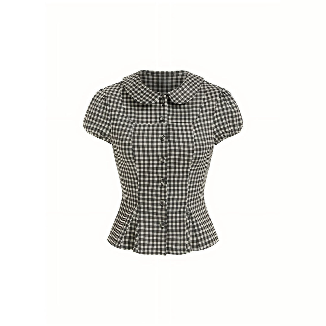 Damen Karo-Bluse mit Bubikragen, Taillierter Peplum-Silhouette und Puffärmeln Drune