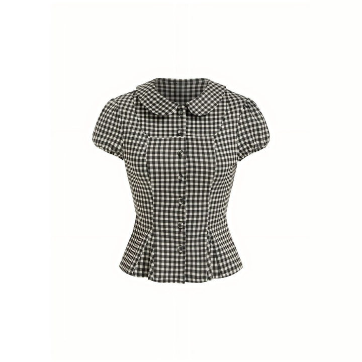 Damen Karo-Bluse mit Bubikragen, Taillierter Peplum-Silhouette und Puffärmeln Drune