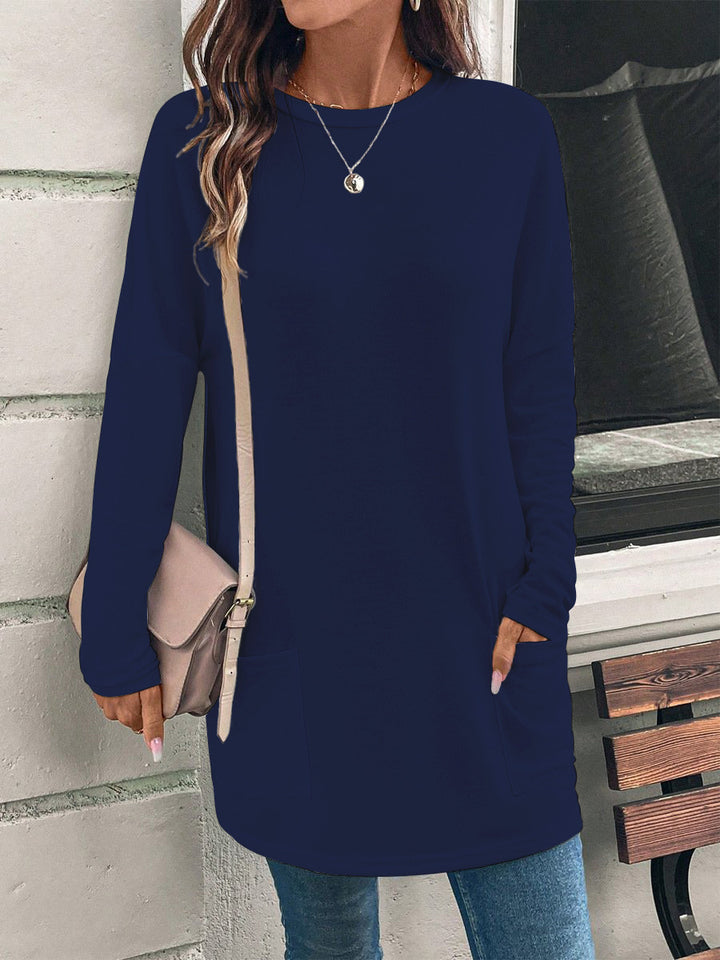 Weit geschnittene lange Tunika für Damen mit rundem Ausschnitt, seitlichen Taschen und weichem Jersey Drune
