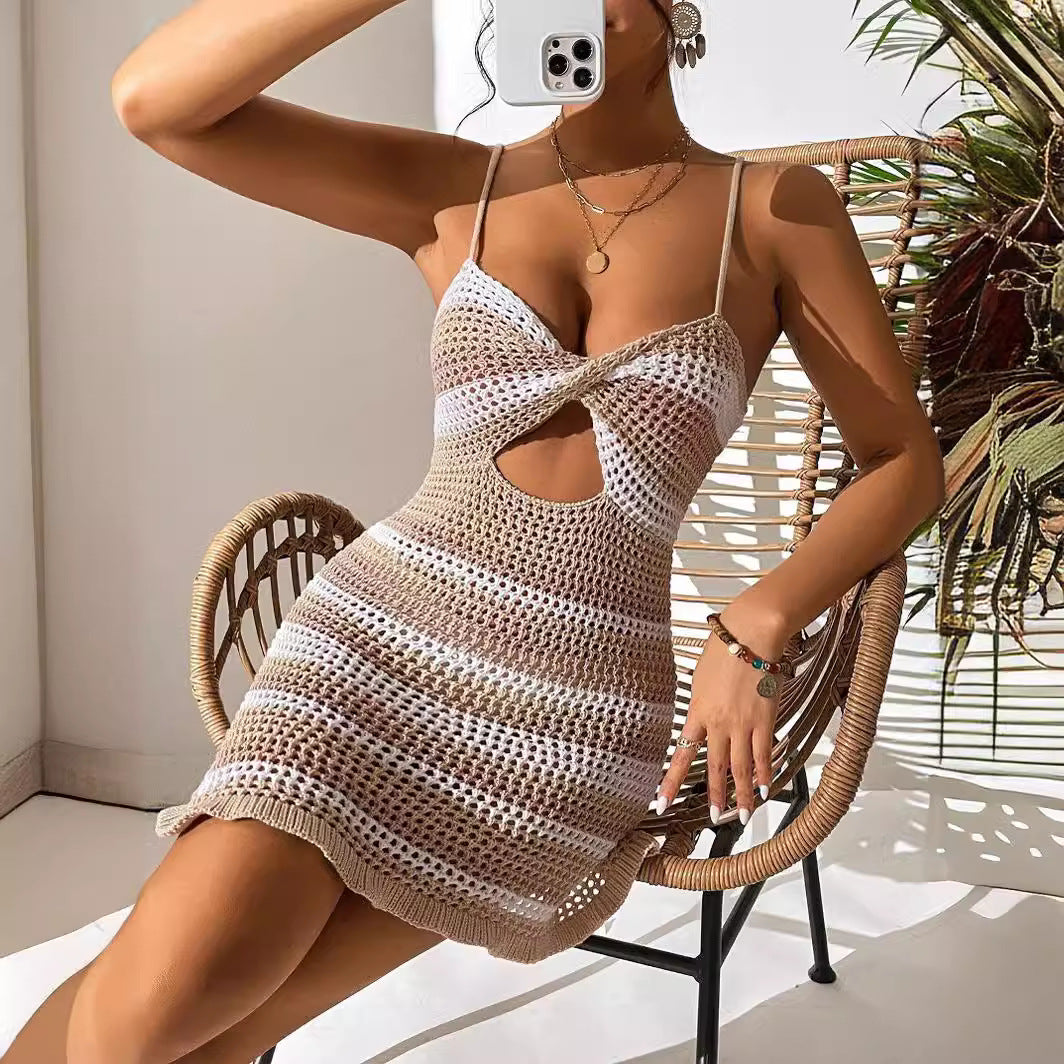 Frauen Häkel-Ausschnitt Mini Kleid Drune
