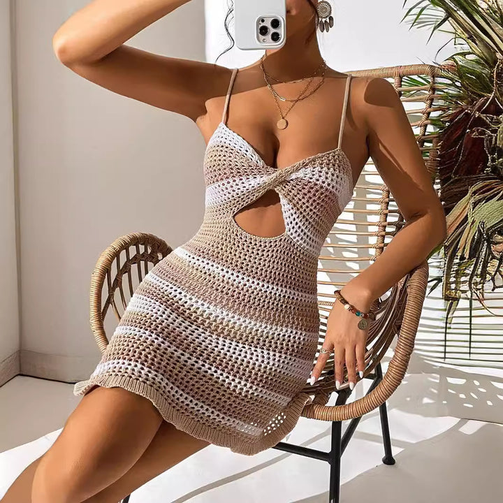 Frauen Häkel-Ausschnitt Mini Kleid Drune