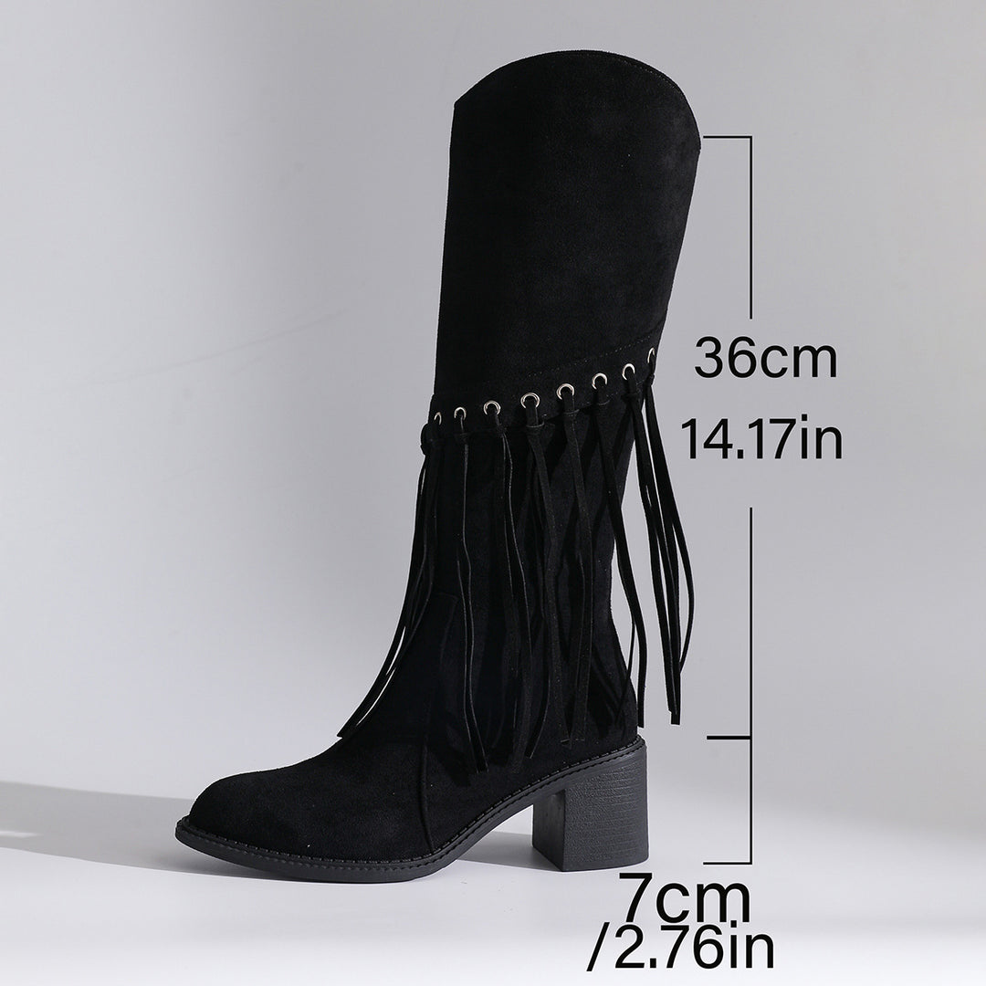 Damen wadenhohe Fransen-Stiefel in Wildlederoptik mit Ösendetail und mittelhohem Blockabsatz Drune