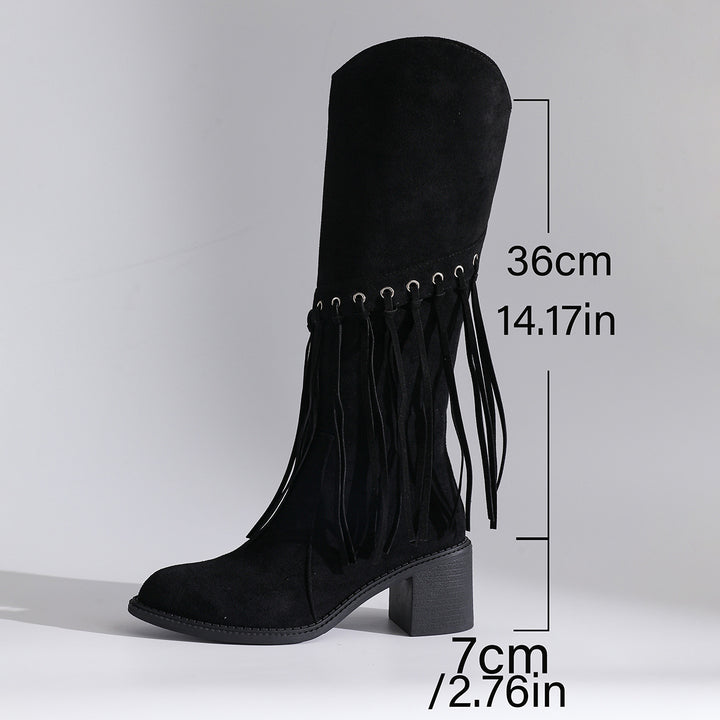 Damen wadenhohe Fransen-Stiefel in Wildlederoptik mit Ösendetail und mittelhohem Blockabsatz Drune