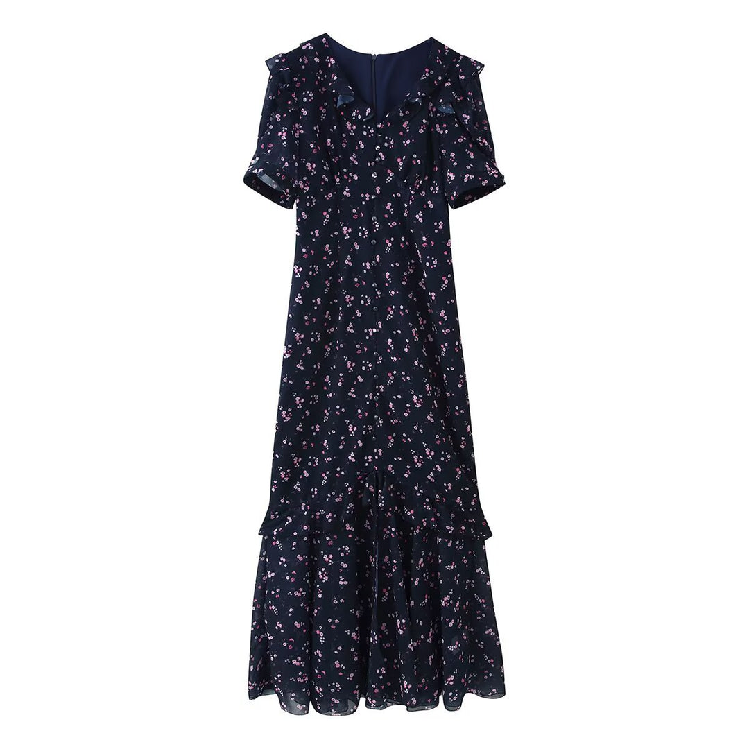 Damen Maxikleid mit Volants, V-Ausschnitt und floralem Chiffon-Look Drune