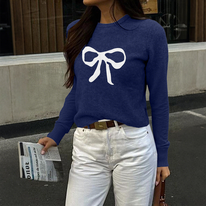 Damen nan Feinstrickpullover mit großem Schleifenprint, Rundhalsausschnitt und schmaler Passform Drune