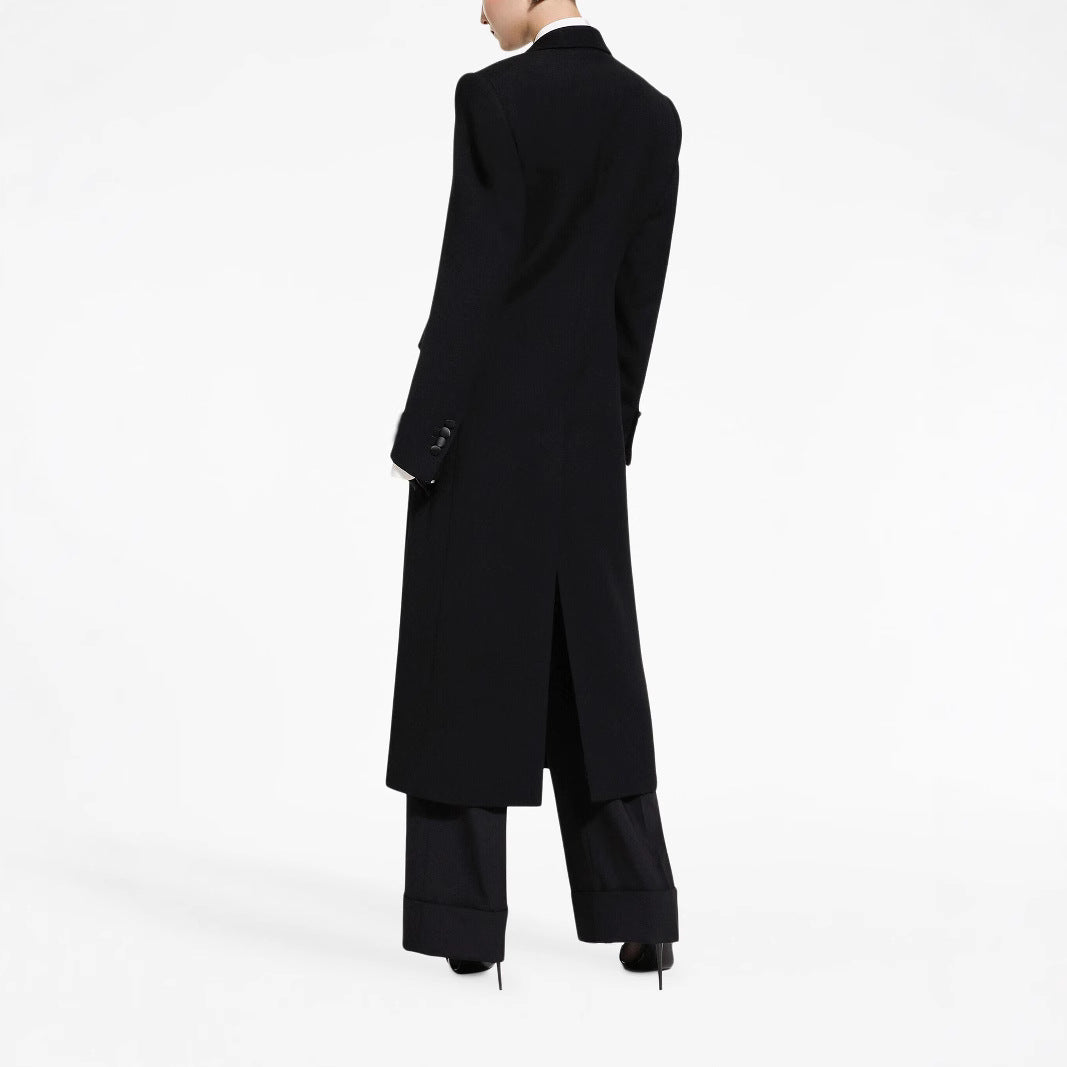 Damen Eleganter Smoking-Hosenanzug mit langem Mantel und weiten Bundfaltenhosen Drune