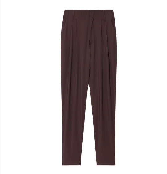 Damen 90+ hochtaillierte Bundfaltenhose mit weitem Sitz und tapered Bein Drune
