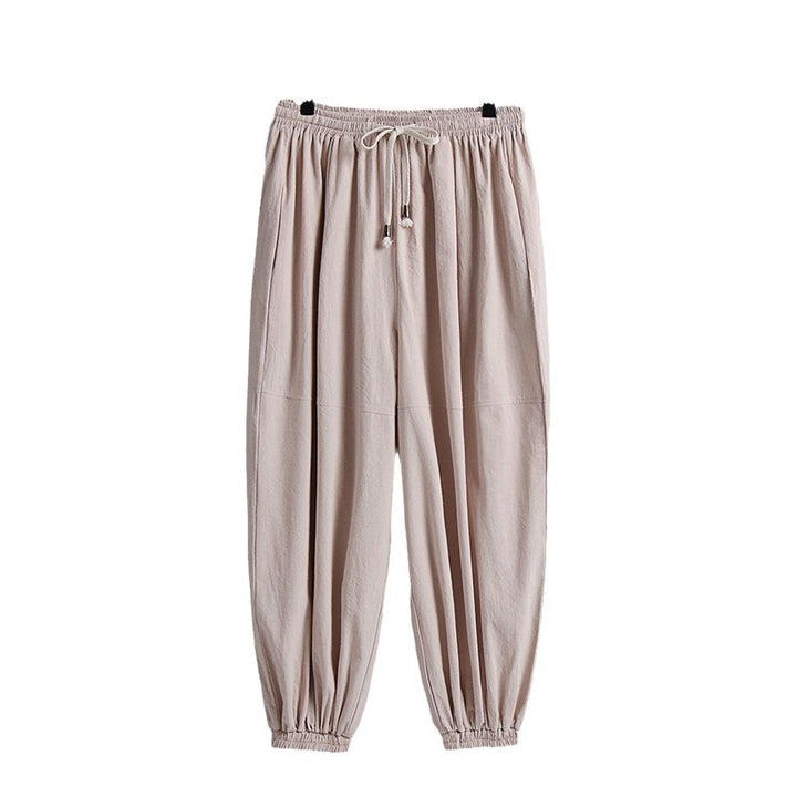 Damen weite Baumwoll-Leinen-Freizeithose mit Kordelzug und elastischen Knöchelbündchen Drune