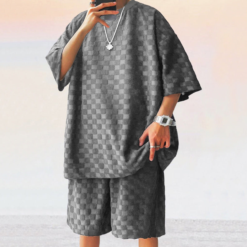 Unisex nan übergroßes Freizeit-Set aus strukturierter Waffelqualität mit Rundhalsausschnitt und locker sitzender Bermudashorts Drune