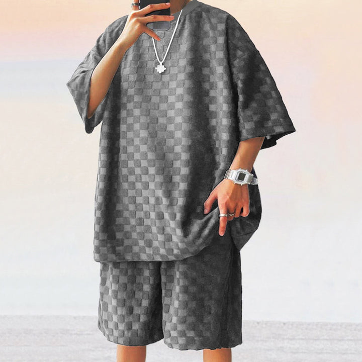 Unisex nan übergroßes Freizeit-Set aus strukturierter Waffelqualität mit Rundhalsausschnitt und locker sitzender Bermudashorts Drune