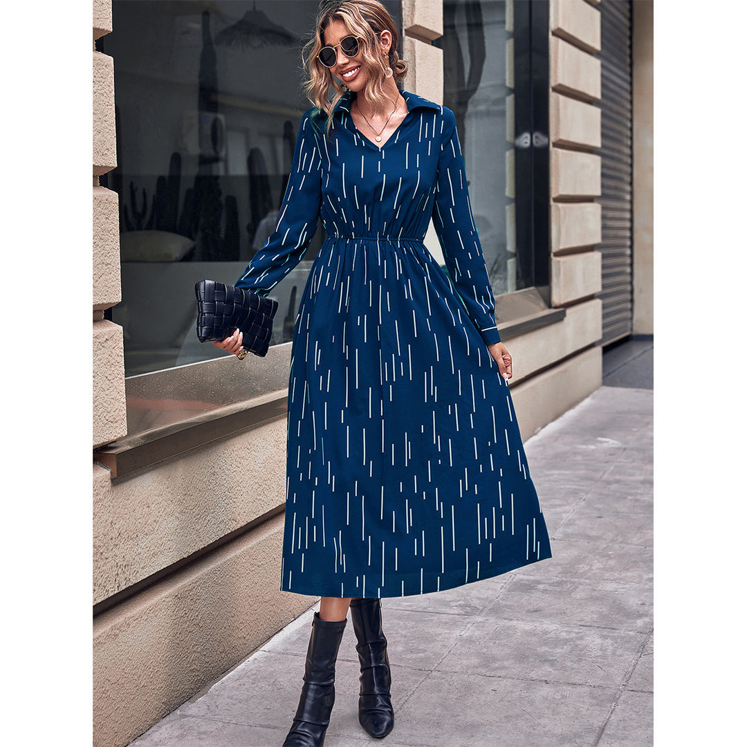 Damen Midi-Kleid mit schickem Kragen und elastischem Taillenband Drune