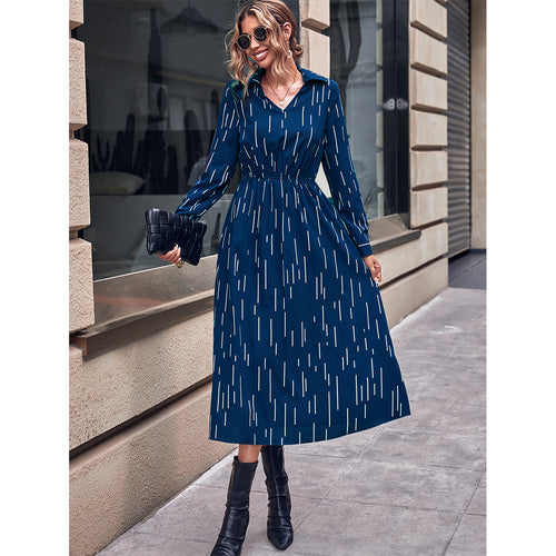 Damen Midi-Kleid mit schickem Kragen und elastischem Taillenband Drune