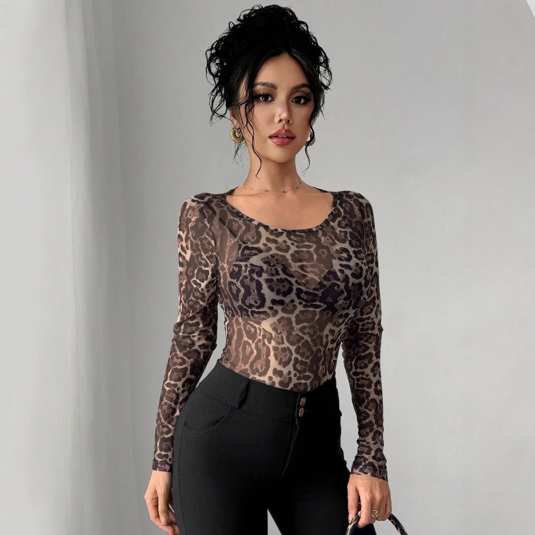 Damen nan eng anliegendes semitransparentes Meshshirt mit Leopardenmuster und Rundhalsausschnitt Drune