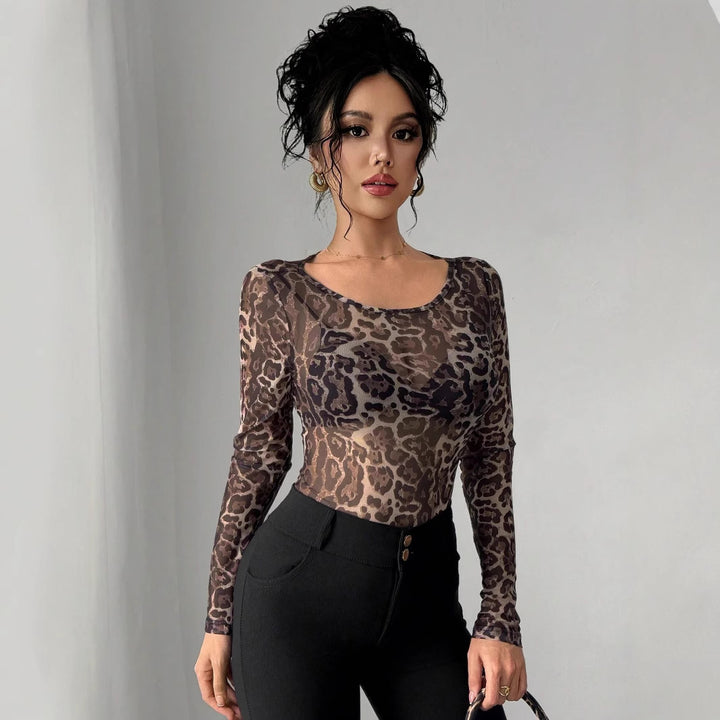 Damen nan eng anliegendes semitransparentes Meshshirt mit Leopardenmuster und Rundhalsausschnitt Drune