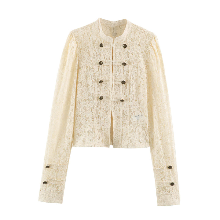 Damen Kurzblouson aus floraler Spitze mit Mandarinkragen und Zierriegeln Drune