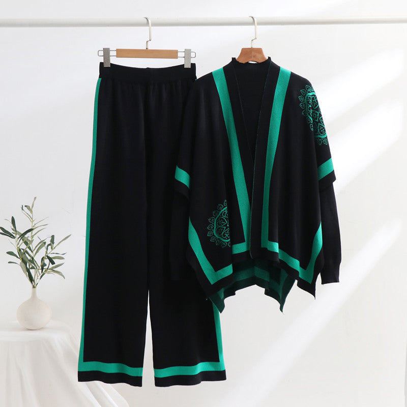 Damen elegantes Strick-Loungewear-Set mit grafischem Muster und weiten Ärmeln Drune