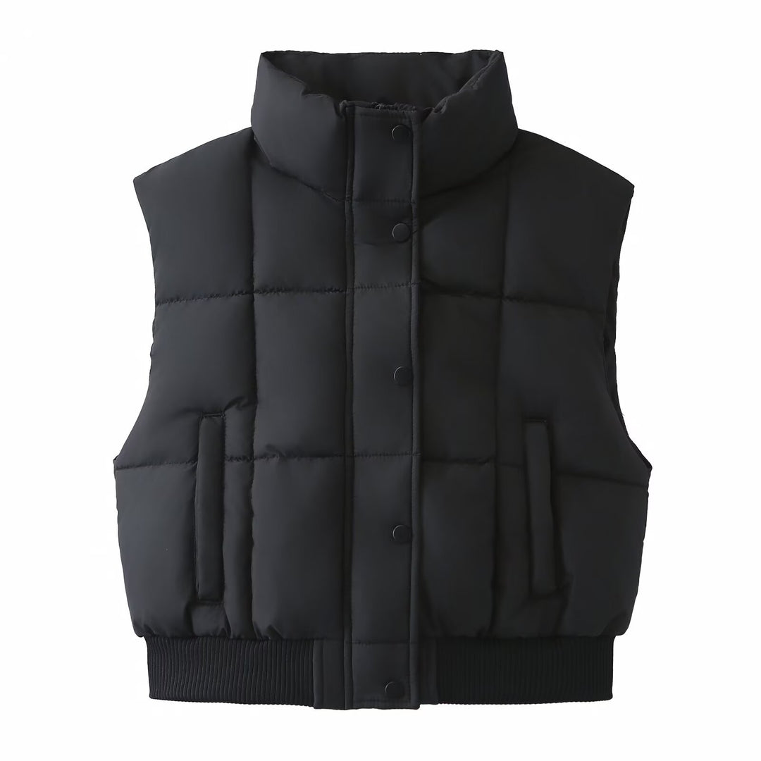Damen Gesteppte Cropped-Pufferweste mit Stehkragen und geripptem Saum Drune