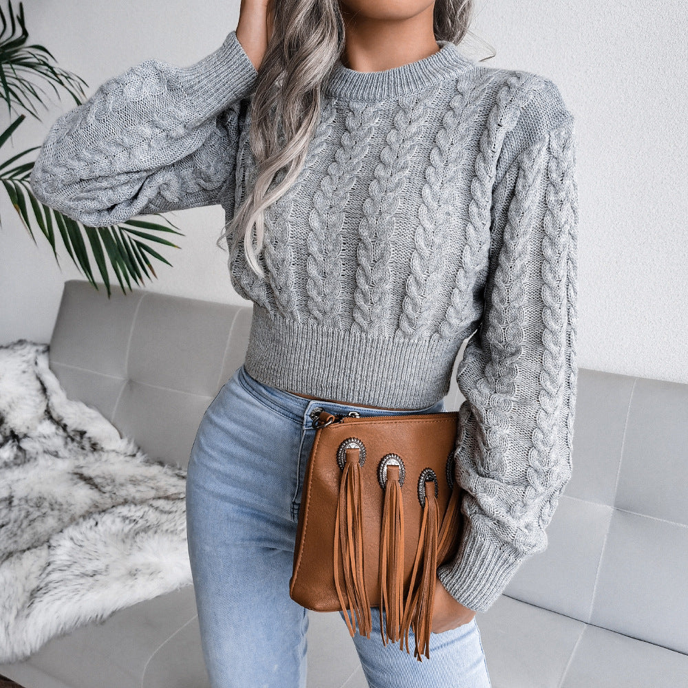 Damen Strickpullover im modernen Zopfmuster mit engem Bund Drune