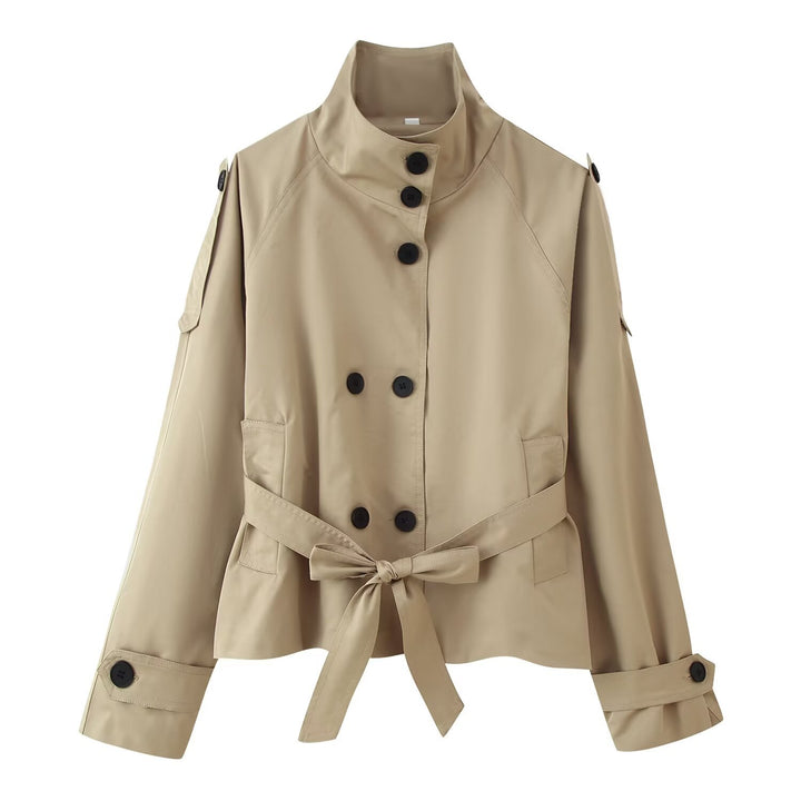 Damen 400+ kurzer taillierter Trenchblouson mit Stehkragen, doppelreihiger Knopfleiste und Bindegürtel Drune