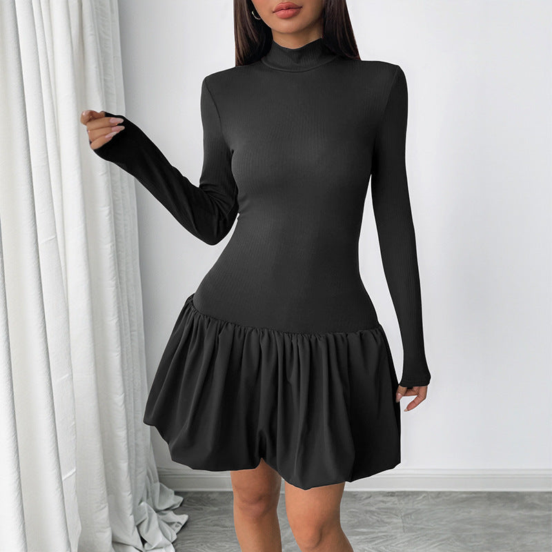 Damen Figurbetontes Minikleid mit Rippenoberteil, Stehkragen und gerafftem Ballonrock Drune