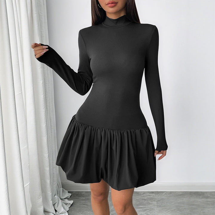 Damen Figurbetontes Minikleid mit Rippenoberteil, Stehkragen und gerafftem Ballonrock Drune
