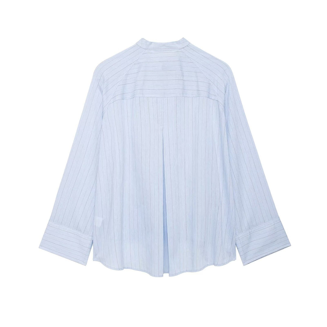 Damen Oversized gestreifte Hemdbluse mit Stehkragen, asymmetrischer Knopfleiste und High‑Low‑Saum Drune