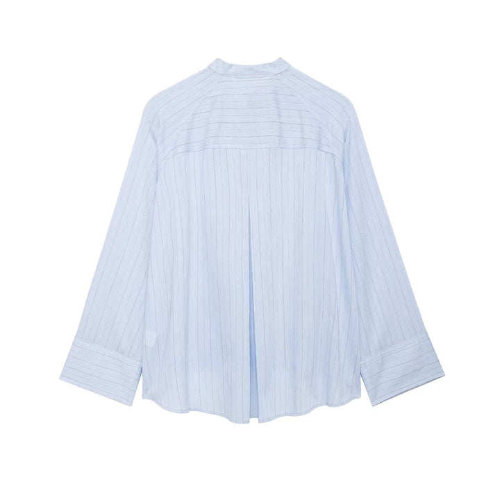 Damen Oversized gestreifte Hemdbluse mit Stehkragen, asymmetrischer Knopfleiste und High‑Low‑Saum Drune